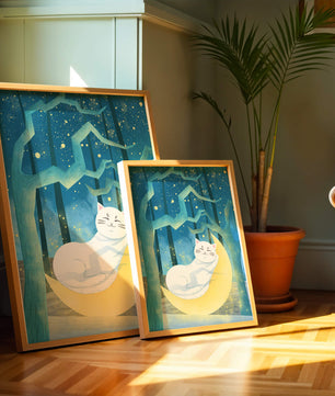 Cat sleeping on the moon in an enchanted forest under the starry sky