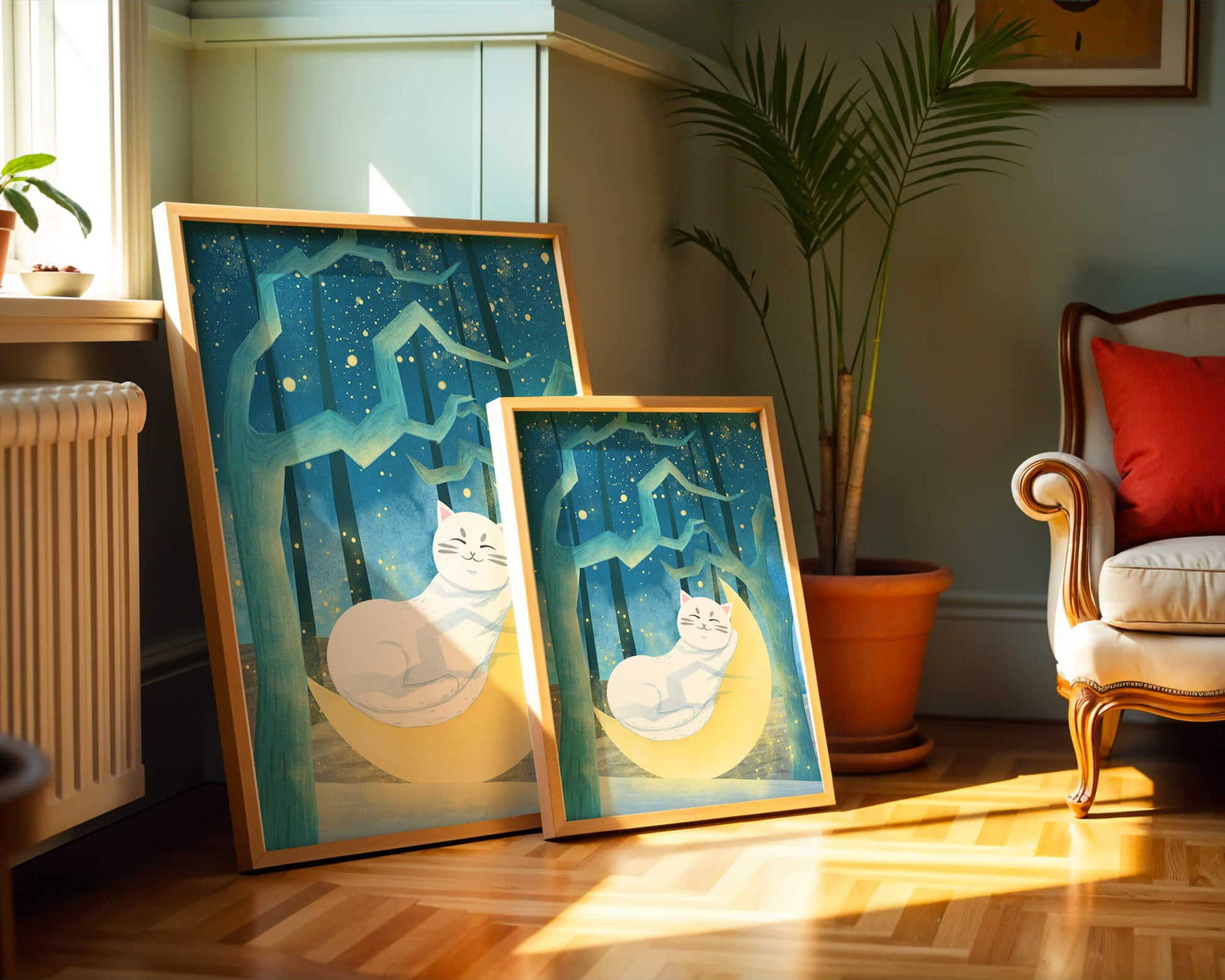 Cat sleeping on the moon in an enchanted forest under the starry sky