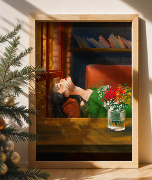 Frau entspannt sich am Fenster mit Blumenstrauß und Büchern