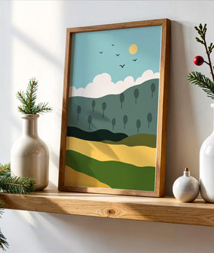 Minimalist Landscape with Hills and Sun