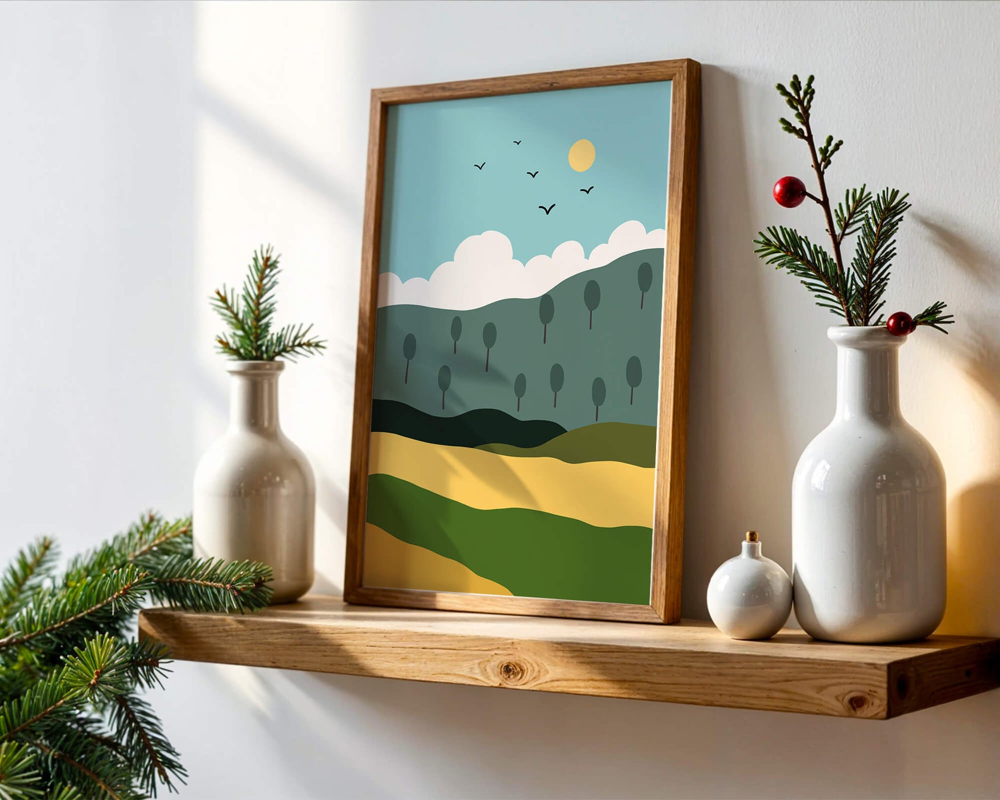 Minimalist Landscape with Hills and Sun