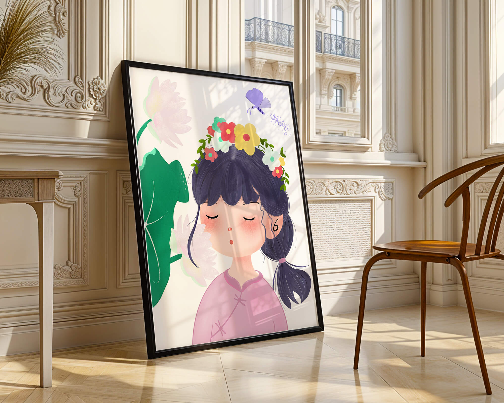 Whimsical illustration of a girl with a flower crown and butterfly