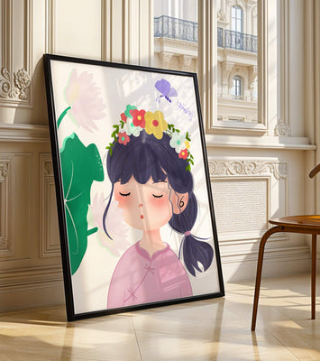 Whimsical illustration of a girl with a flower crown and butterfly