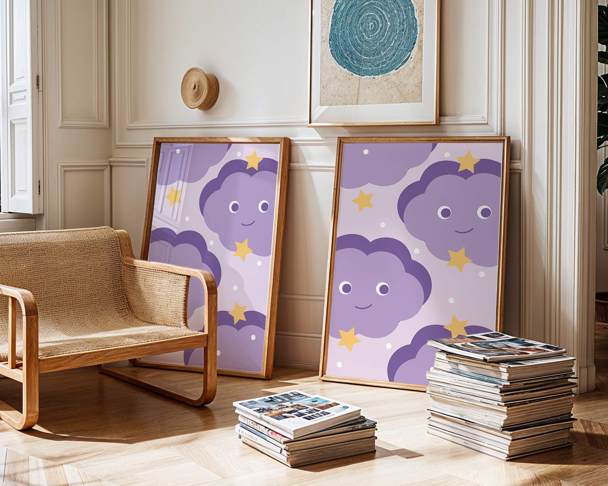Whimsical purple cloud and star pattern for children's room decor