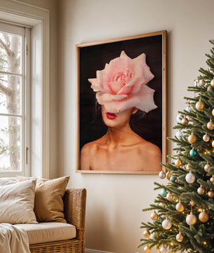 Woman with a Rose Head and Red Lips on a Dark Background - Mi tienda