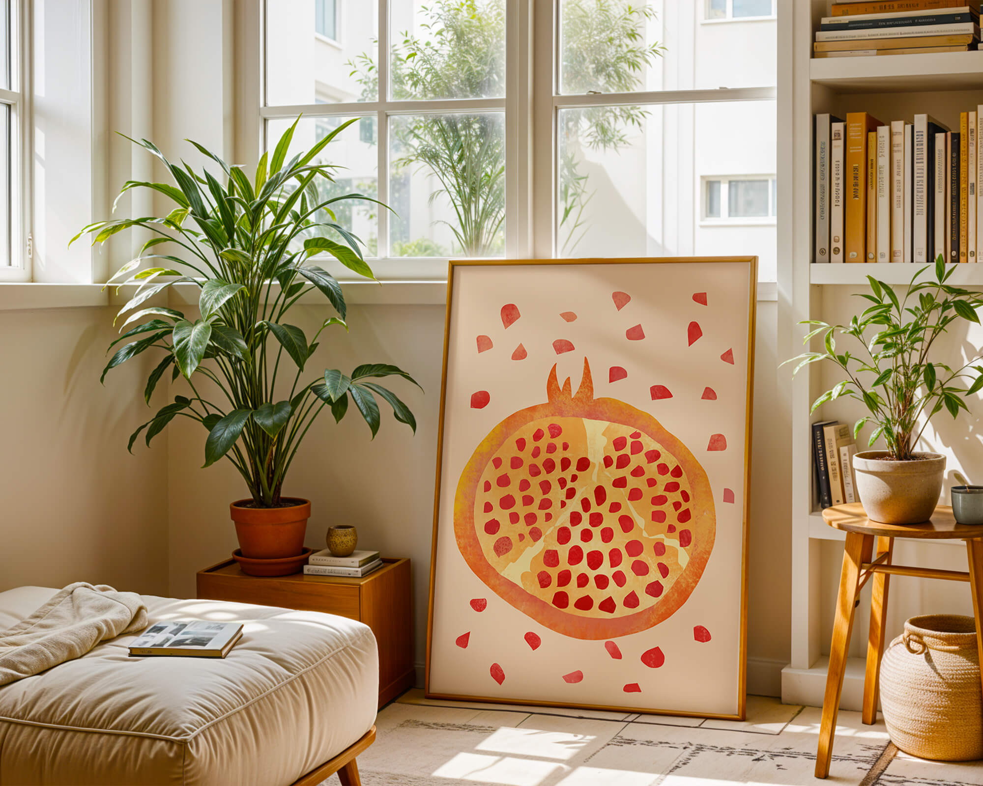 Colorful abstract pomegranate illustration with scattered seeds