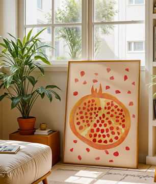 Ilustración abstracta colorida de granada con semillas esparcidas