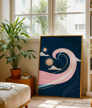 Cosmic Waves and Planets with Whimsical Pink Swirls and Stars - Mi tienda