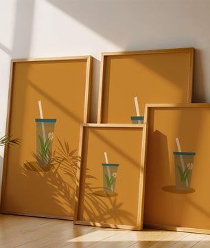 Illustration of a Drink with Botanical Element and Straw on Orange Background - Mi tienda