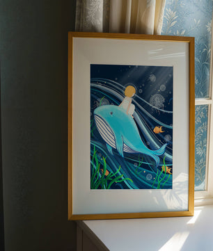 Whimsisches Unterwasserszenario mit Kind und Blauwal