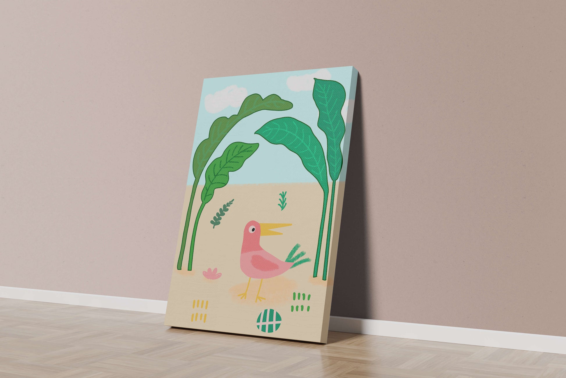 Colorful bird with large leaves and playful design