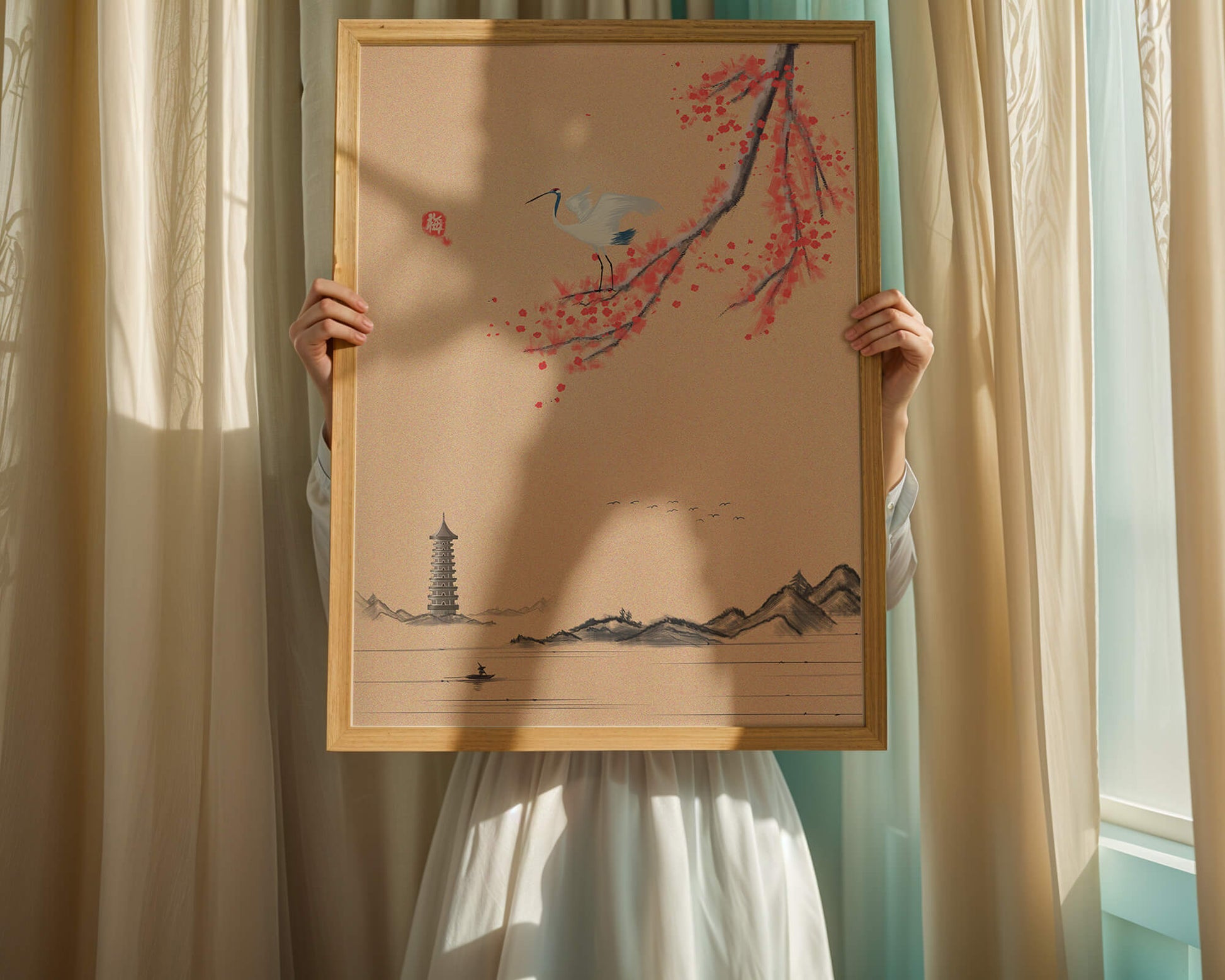 Serene landscape with crane and cherry blossom branch in East Asian style