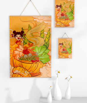 Ilustración colorida de un niño disfrutando de un tazón de fideos con verduras