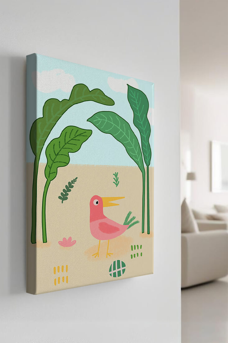Colorful bird with large leaves and playful design