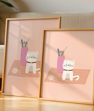 Illustration of a cute white cat with a pink vase and yarn ball on a pastel background