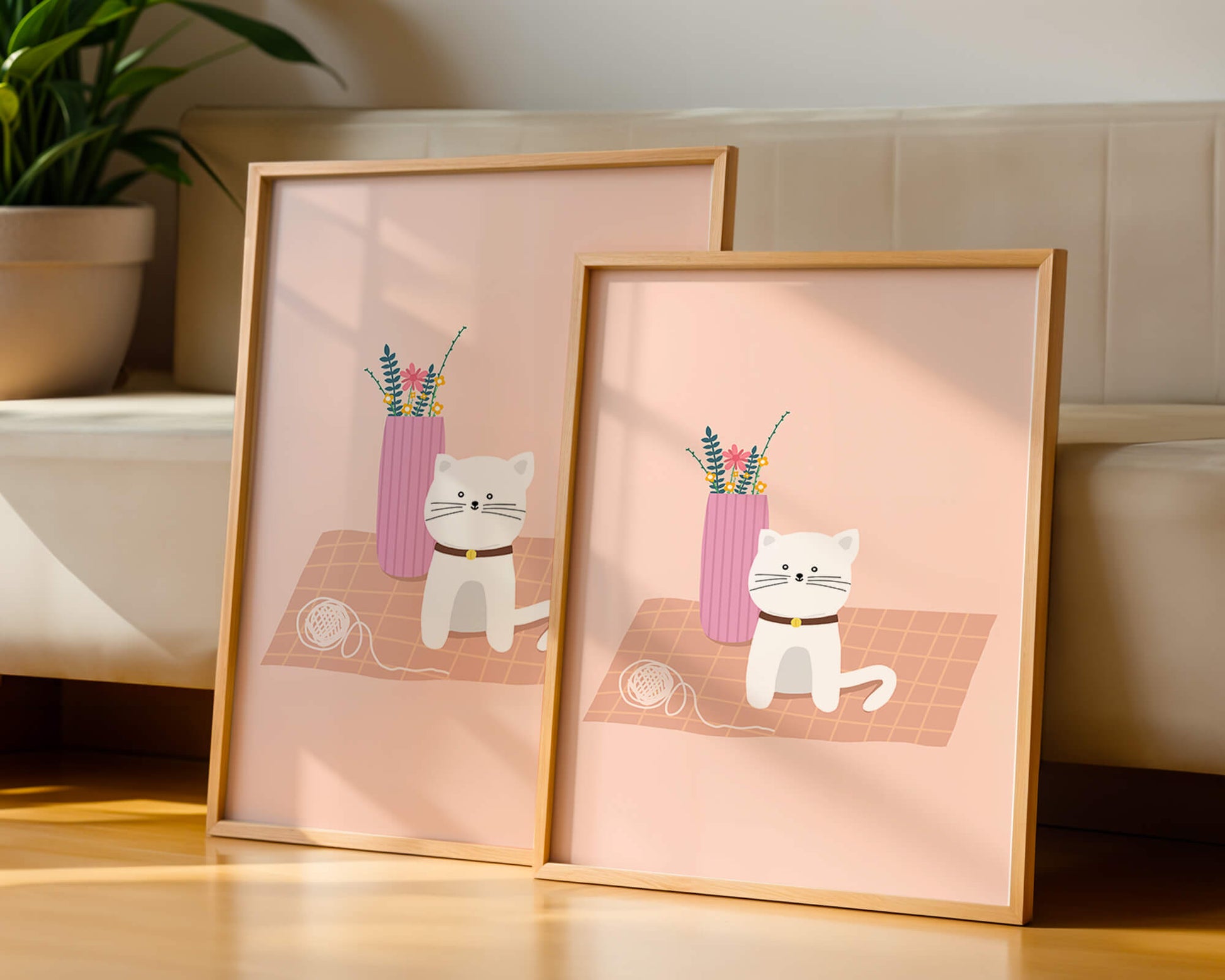 Illustration of a cute white cat with a pink vase and yarn ball on a pastel background