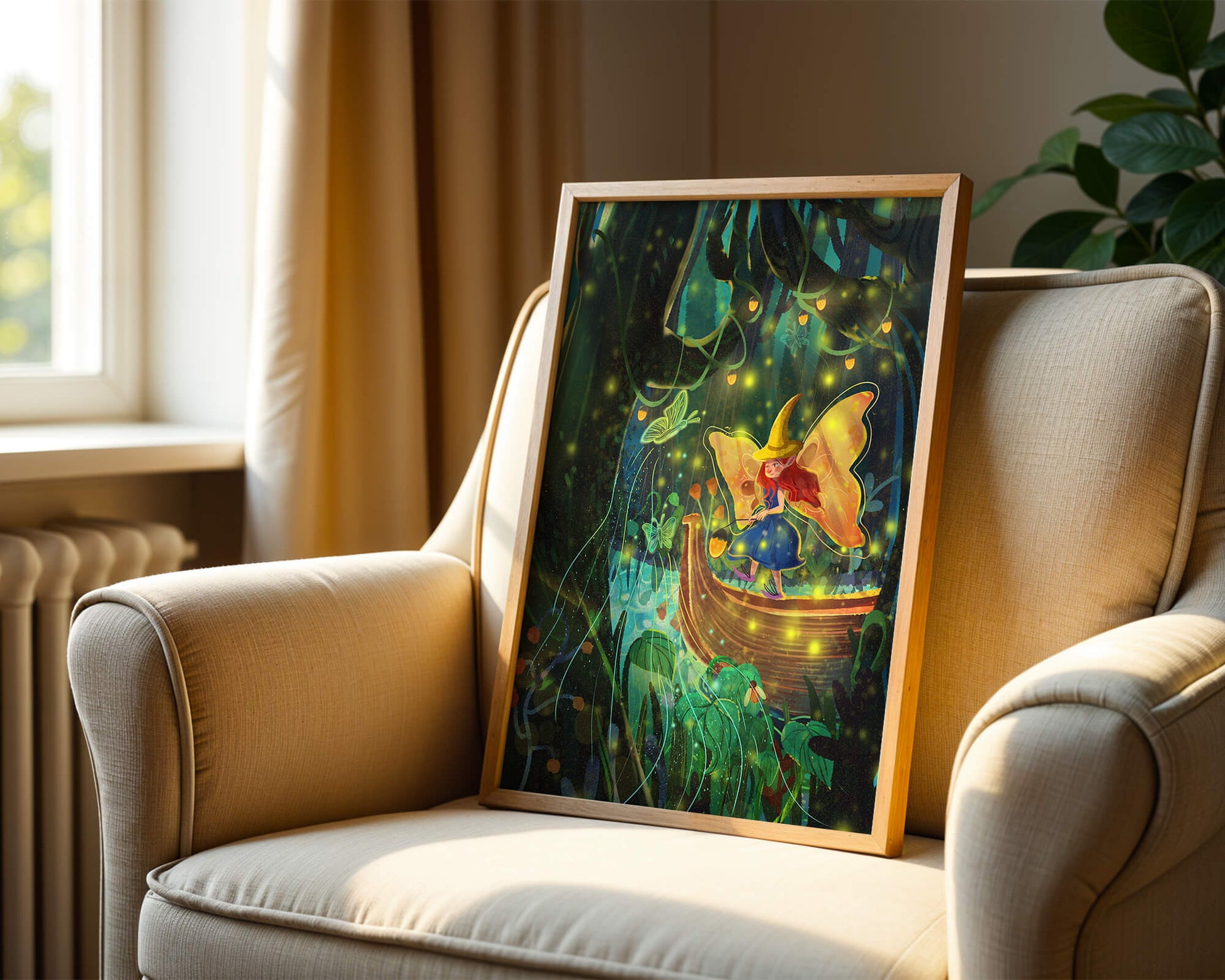 Fairy in an enchanted forest with glowing butterflies and lanterns