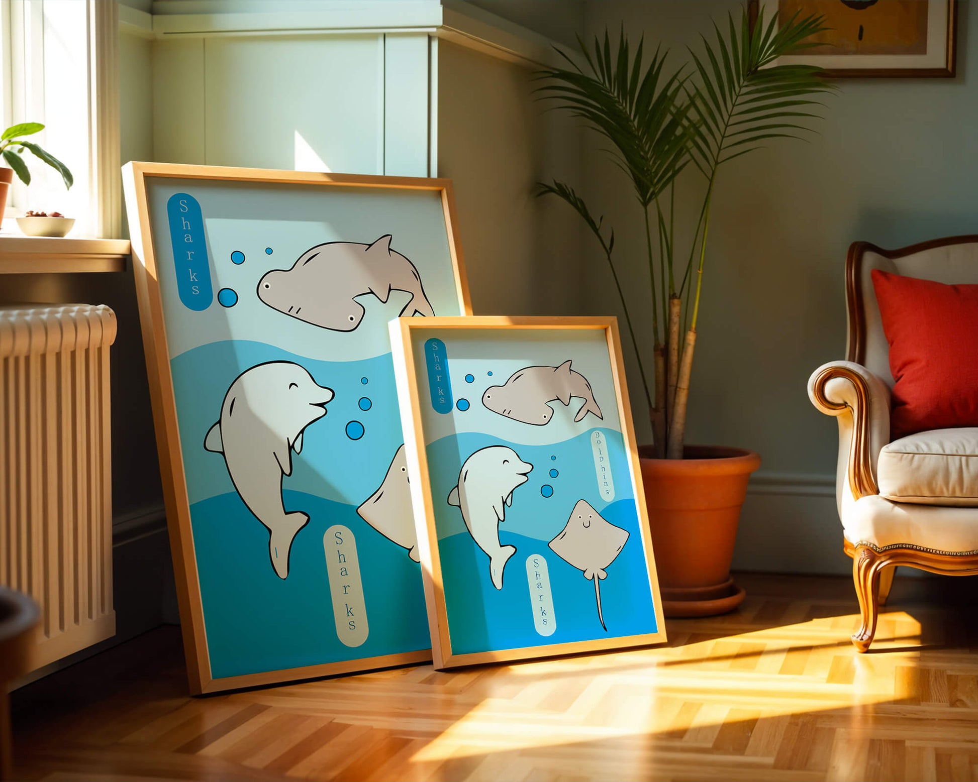 Cartoon sea animals illustration with shark, dolphin, and stingray