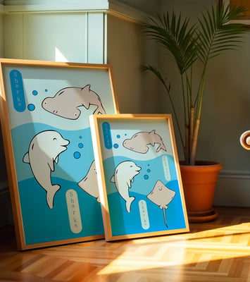 Cartoon sea animals illustration with shark, dolphin, and stingray