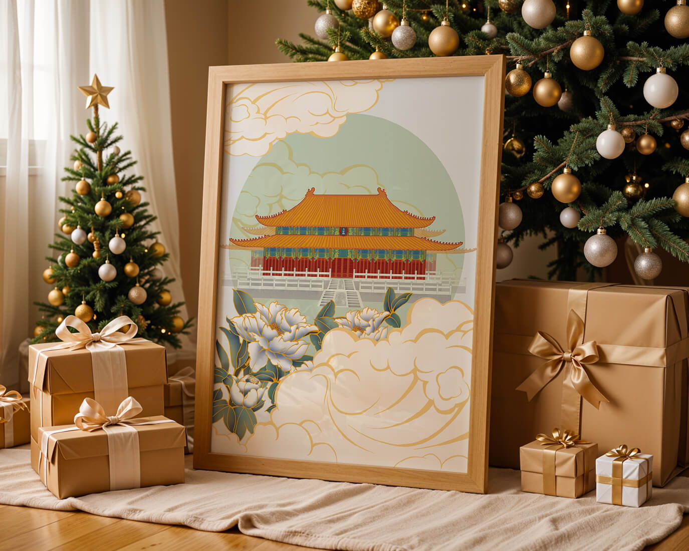 Traditional Asian palace illustration with floral and cloud motifs