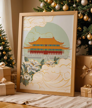 Traditional Asian palace illustration with floral and cloud motifs
