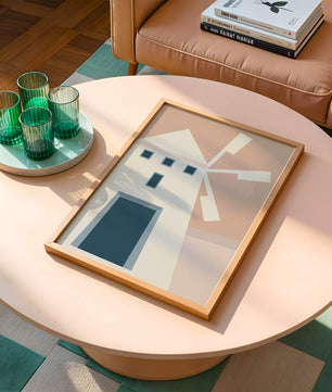 Minimalist geometric house illustration on pastel background