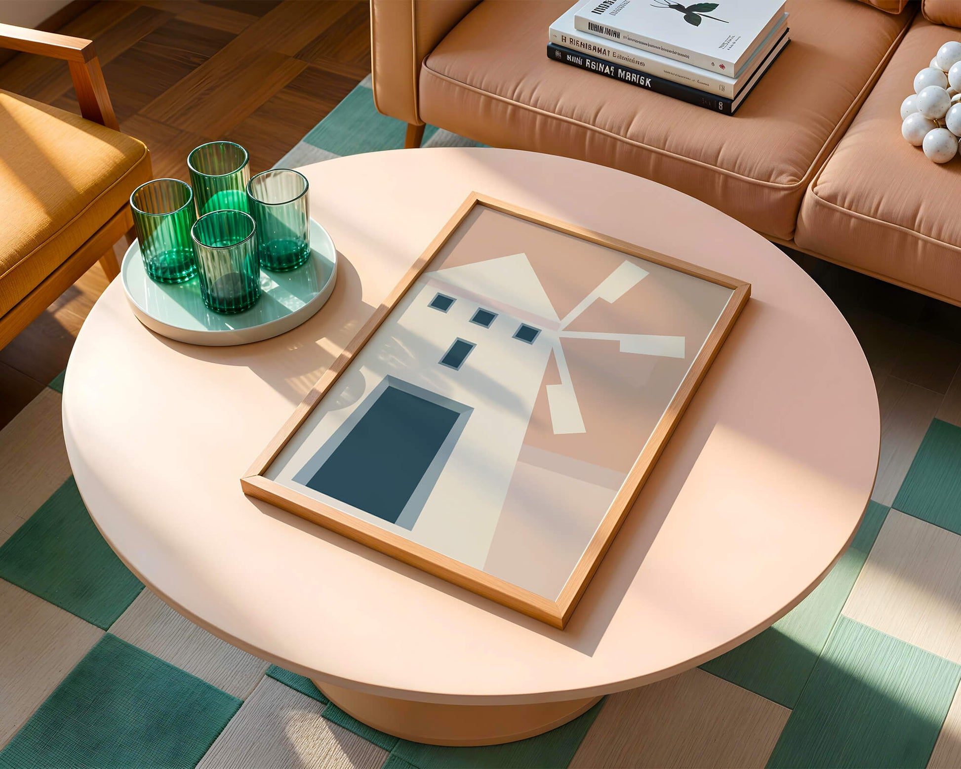 Minimalist geometric house illustration on pastel background