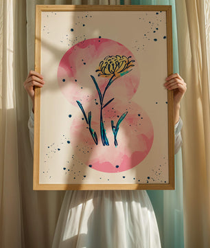 Abstract Floral Design with Pink Circles and Yellow Flower on White Background
