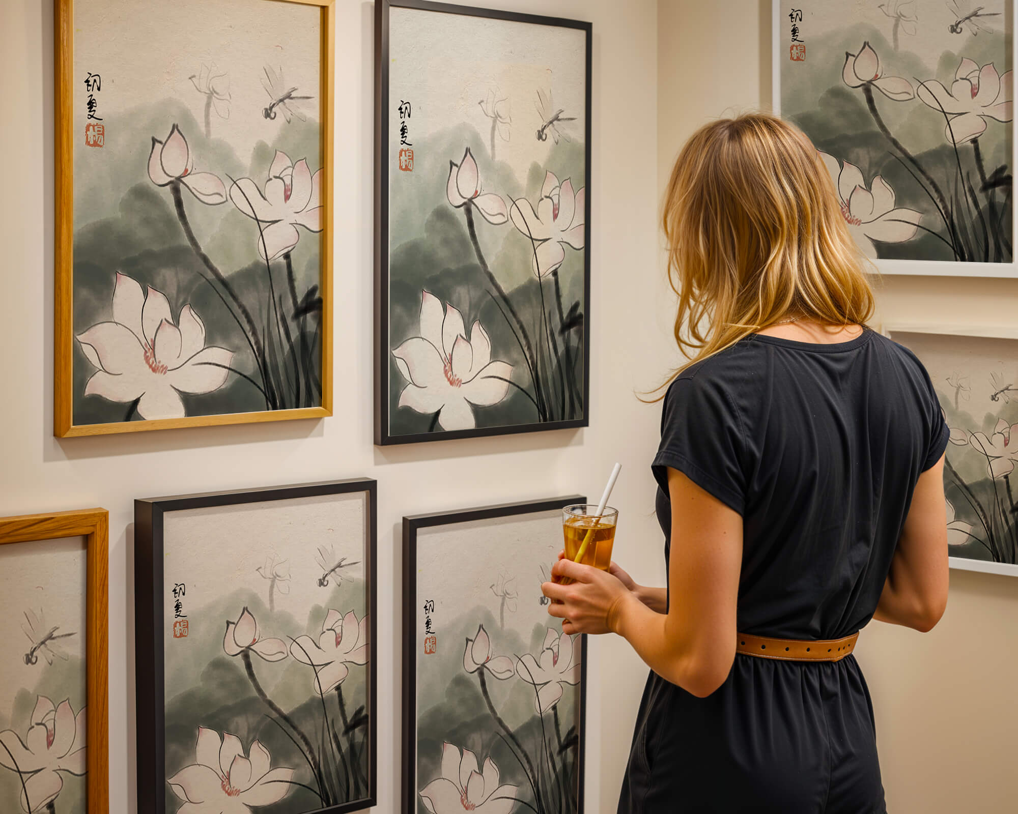 Delicate watercolor of lotus flowers with dragonfly in serene atmosphere