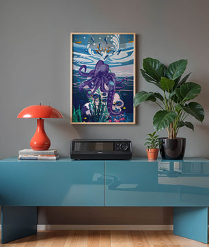 Colorful underwater scene with octopus and fishing boat above