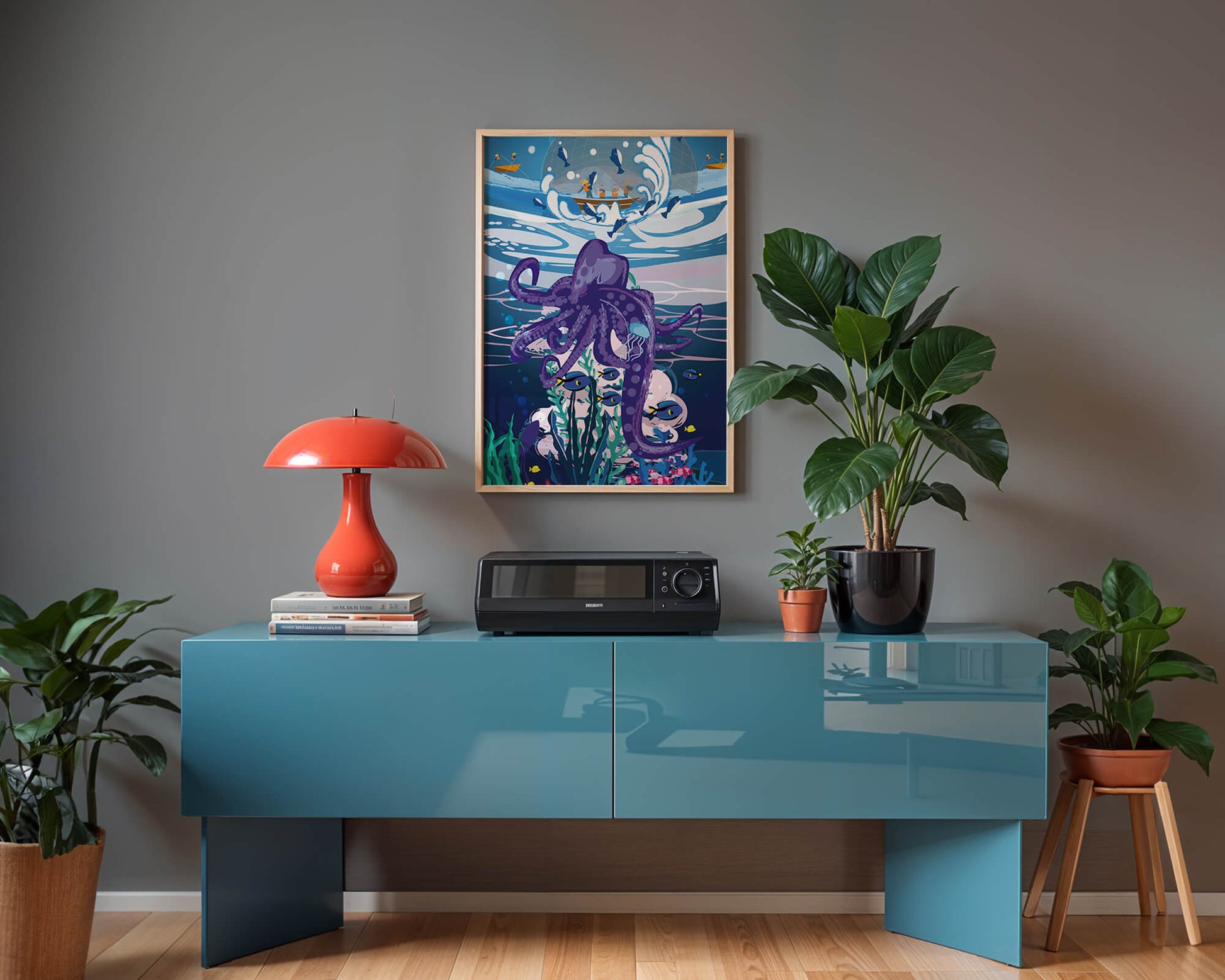 Colorful underwater scene with octopus and fishing boat above