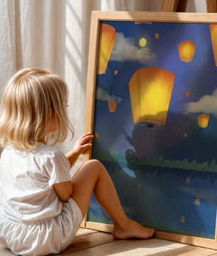 Lanterns Floating in Night Sky over Reflective Lake