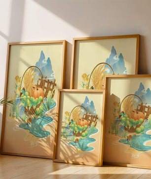 Ilustración con tema de cosecha con una cesta de productos y un fondo panorámico.