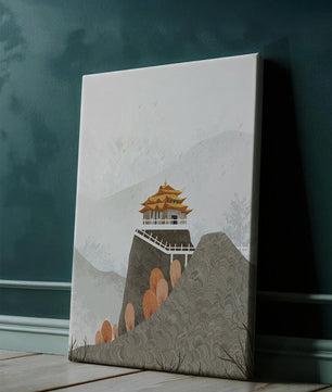 Serene landscape with traditional pagoda and autumn trees