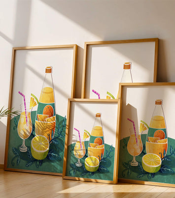 Colorful illustration of citrus drinks with bottle and glass