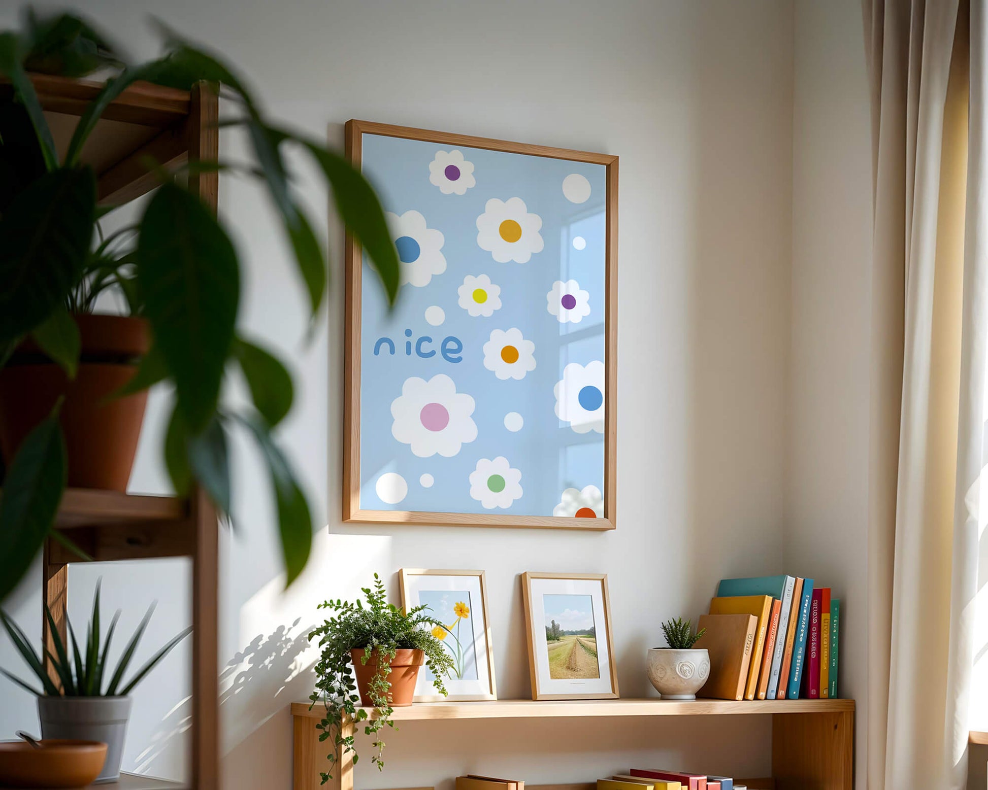 Pastel floral pattern with colorful centers on a blue background
