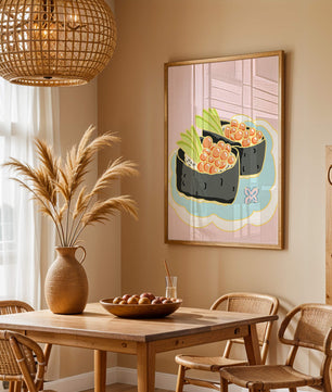 Illustration of sushi rolls with fish roe and avocado on a pastel background