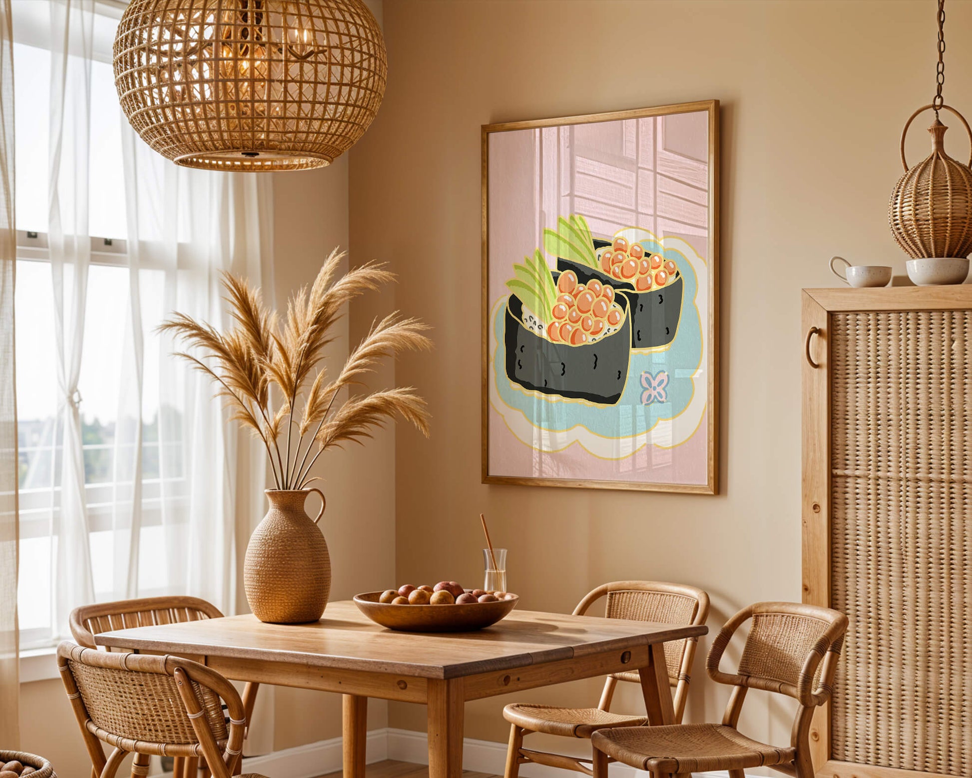 Illustration of sushi rolls with fish roe and avocado on a pastel background