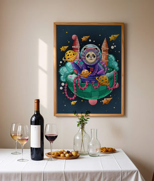 Whimsical space panda illustration with planets and stars