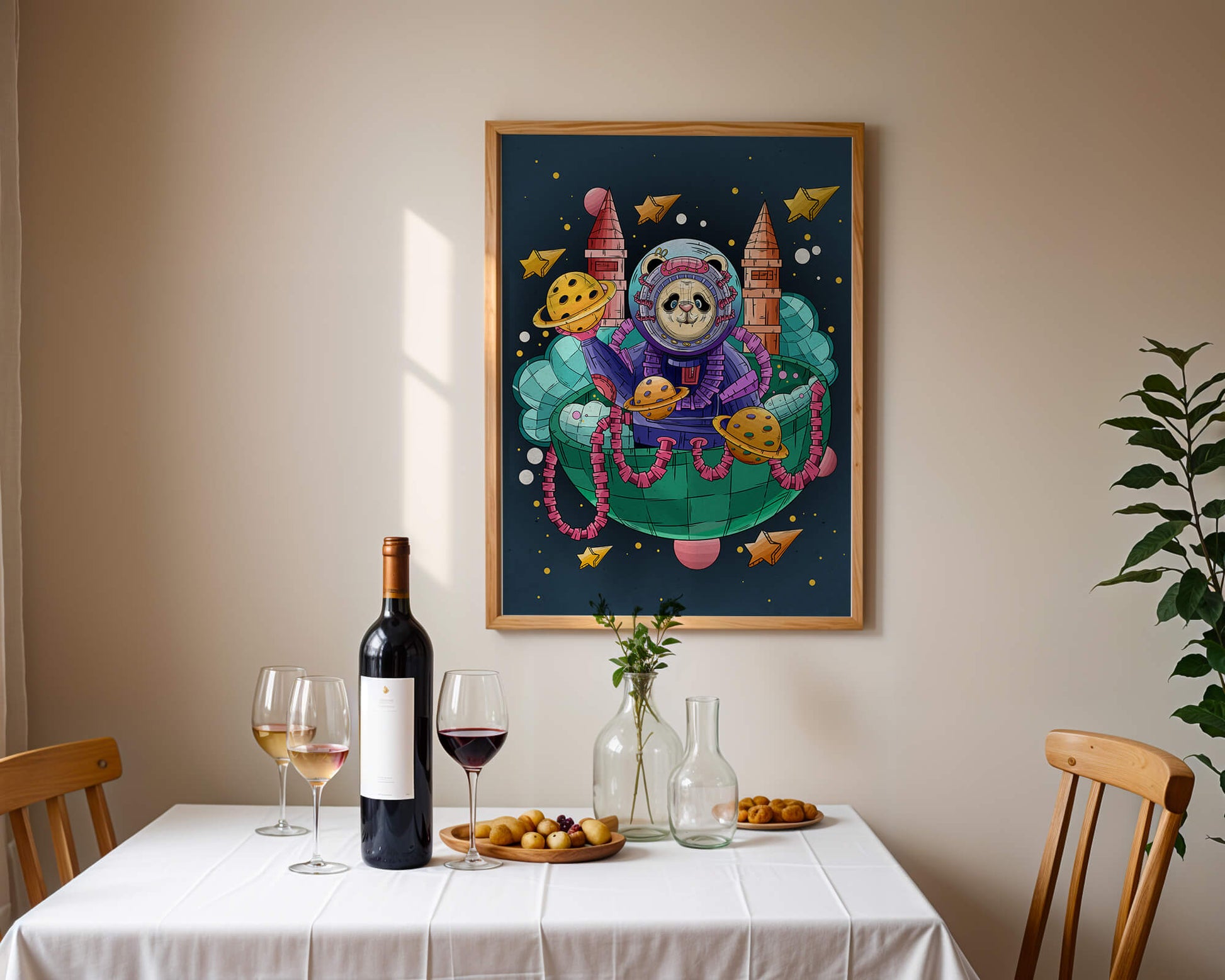 Whimsical space panda illustration with planets and stars