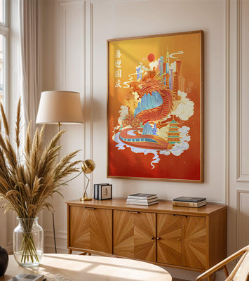 Colorful dragon and cityscape illustration with pagodas and mountains