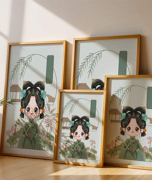 Charming illustration of a cute character in traditional Asian attire with floral elements