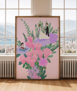 Whimsical wedding scene amidst colorful floral arrangement