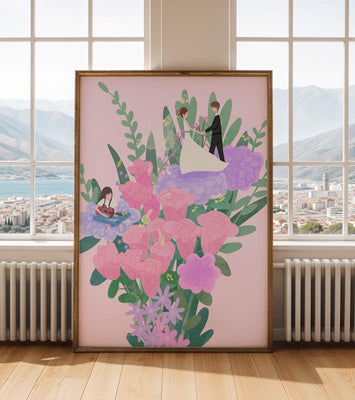 Whimsical wedding scene amidst colorful floral arrangement