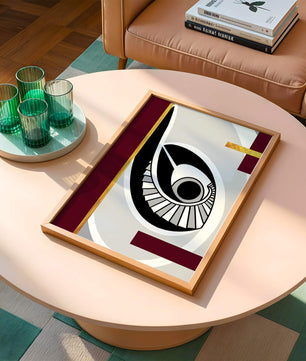 Arte geométrico abstracto con motivo de ojo y detalles dorados