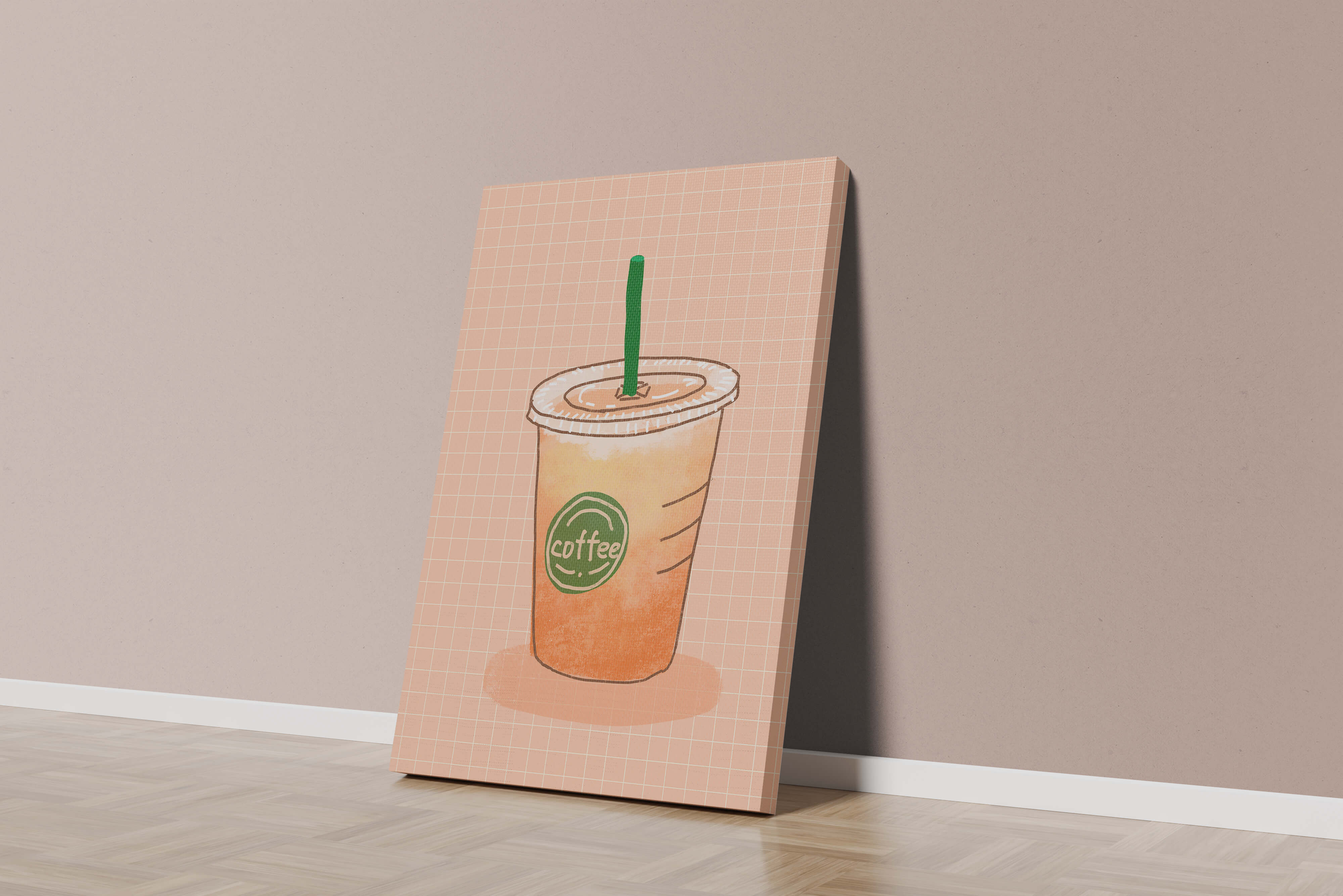 Illustrated iced coffee cup on peach grid background