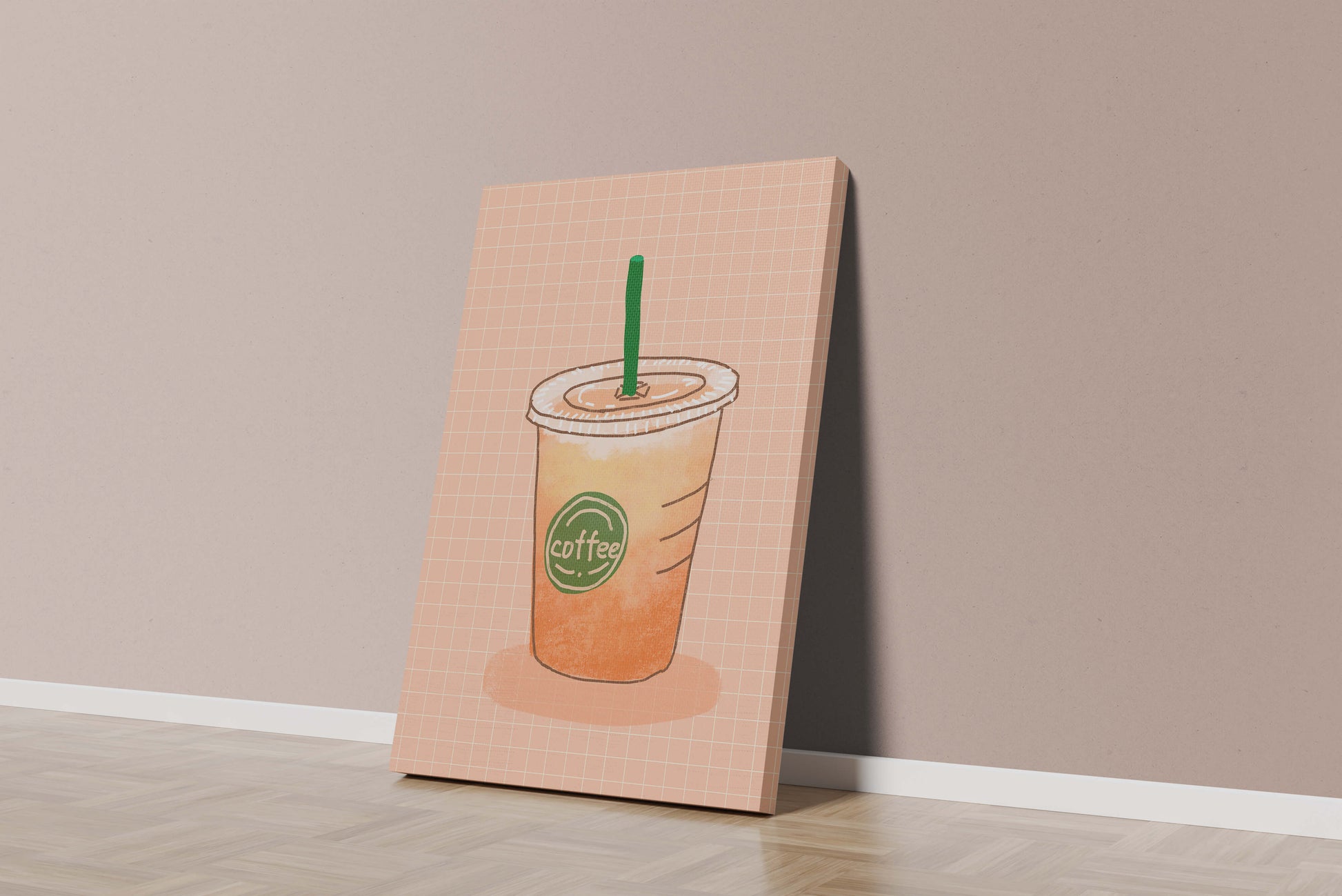 Illustrated iced coffee cup on peach grid background