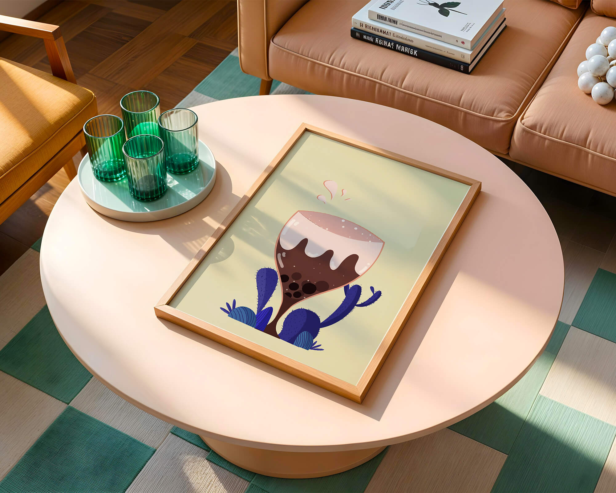 Illustration of a whimsical wine glass with liquid splash and purple plants