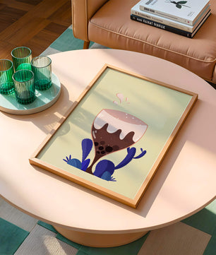 Illustration eines skurrilen Weinglases mit Flüssigkeitsspritzern und violetten Pflanzen