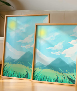 Sunny Day Overlooking a Mountain Landscape with Rolling Hills and Blue Sky